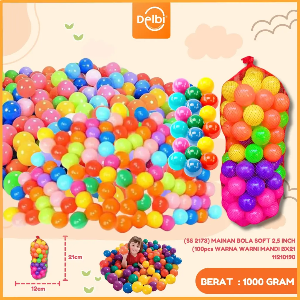 [SS 2173] MAINAN BOLA SOFT 2,5 INCH (100pcs WARNA WARNI MANDI BX21