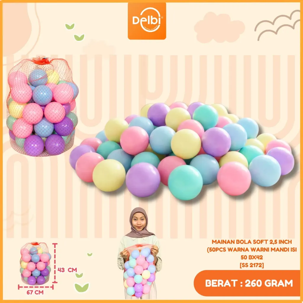 MAINAN BOLA SOFT 2,5 INCH (50pcs WARNA WARNI MANDI ISI 50 BX42