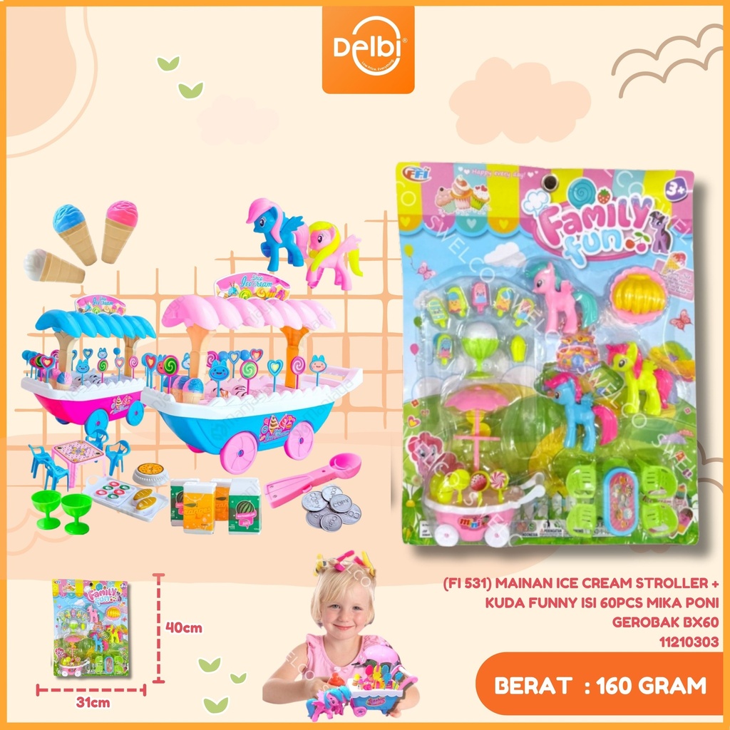MAINAN ICE CREAM STROLLER + KUDA FUNNY ISI 60PCS MIKA PONI GEROBAK BX60