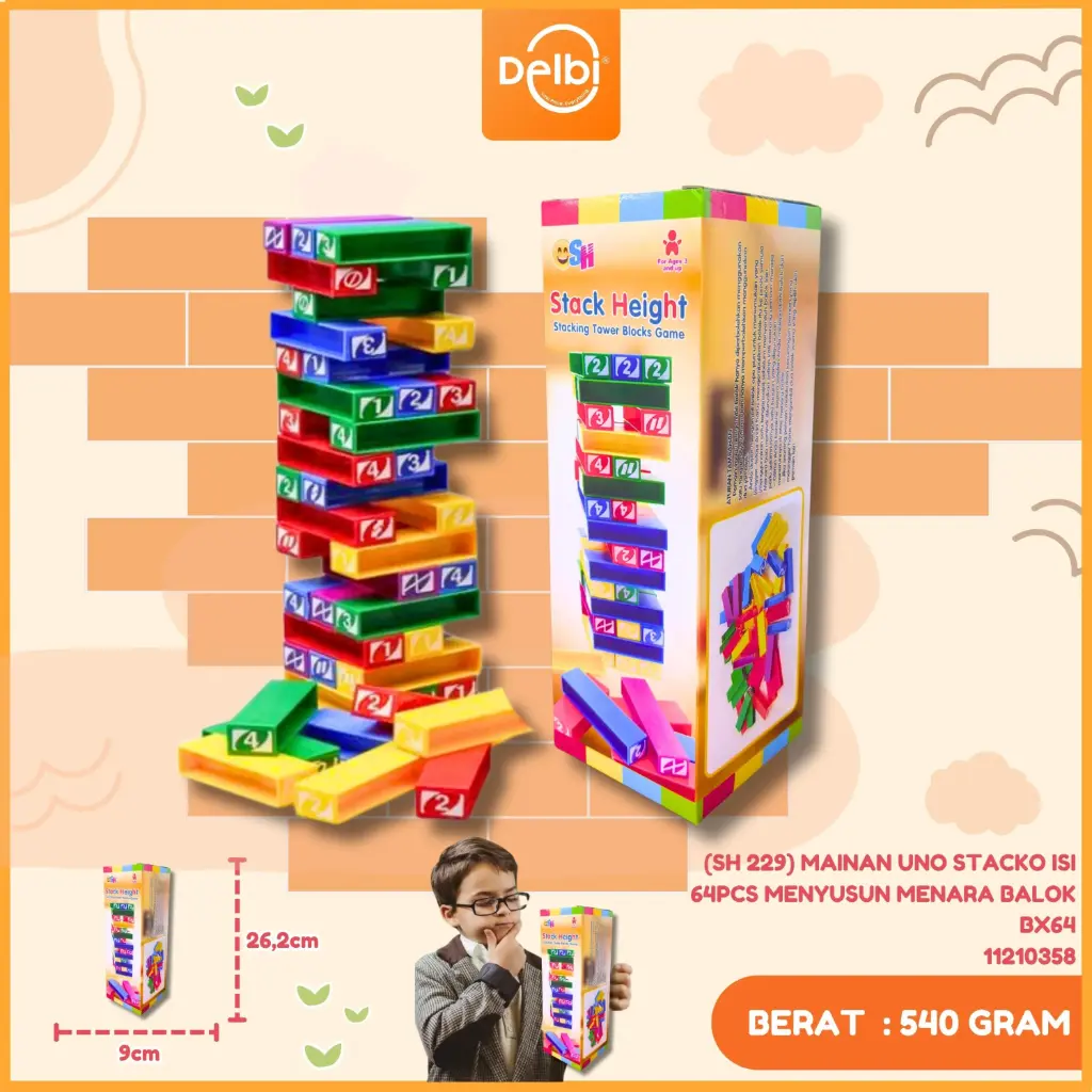 (SH 229) MAINAN UNO STACKO ISI 64PCS MENYUSUN MENARA BALOK BX64