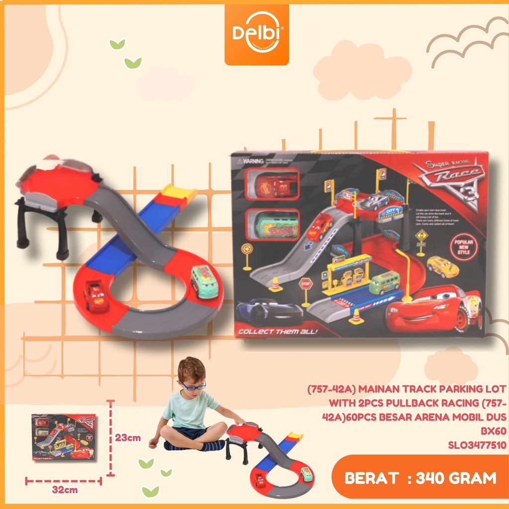 (757-42A) MAINAN TRACK PARKING LOT WITH 2PCS PULLBACK RACING (757-42A)60PCS BESAR ARENA MOBIL DUS BX60