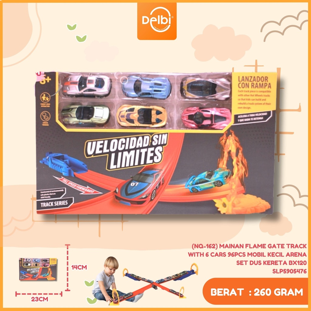 [SLP5905476] (NQ-162) MAINAN FLAME GATE TRACK WITH 6 CARS 96PCS MOBIL KECIL ARENA SET DUS KERETA BX120