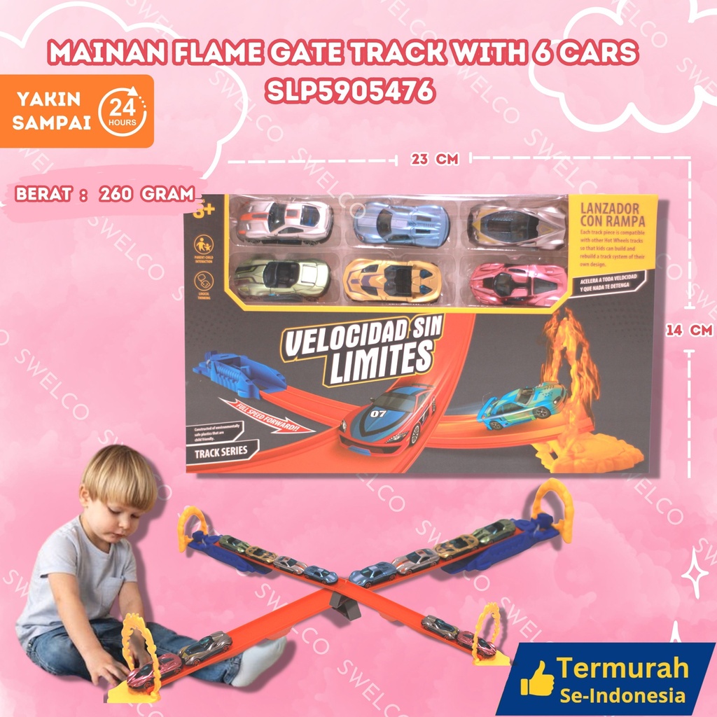 (NQ-162) MAINAN FLAME GATE TRACK WITH 6 CARS 96PCS MOBIL KECIL ARENA SET DUS KERETA BX120