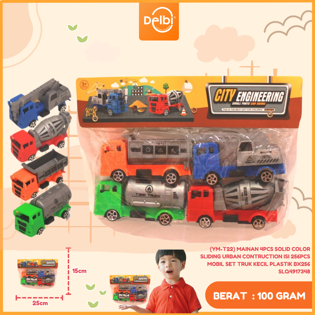 [SLQ4917348] (YM-T22) MAINAN 4PCS SOLID COLOR SLIDING URBAN CONTRUCTION ISI 256PCS MOBIL SET TRUK KECIL PLASTIK BX256