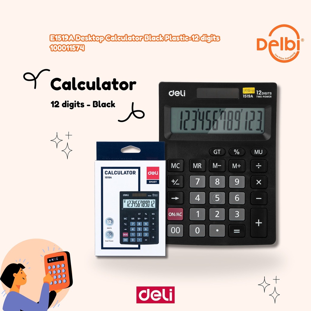 E1519A Desktop Calculator Black Plastic-12 digits DELI KALKULATOR 12 DIGIT HITAM BX20 BX80