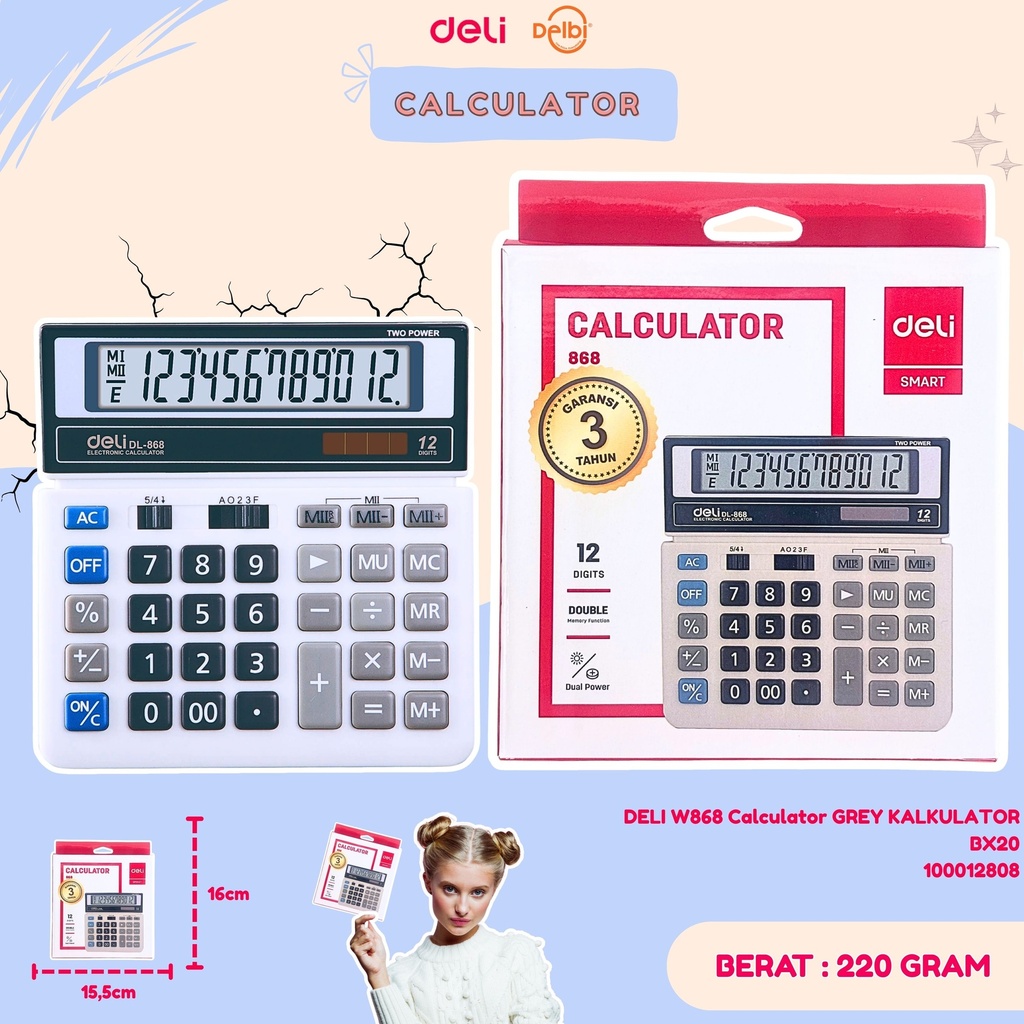 [100012808] DELI W868 Calculator GREY KALKULATOR BX20