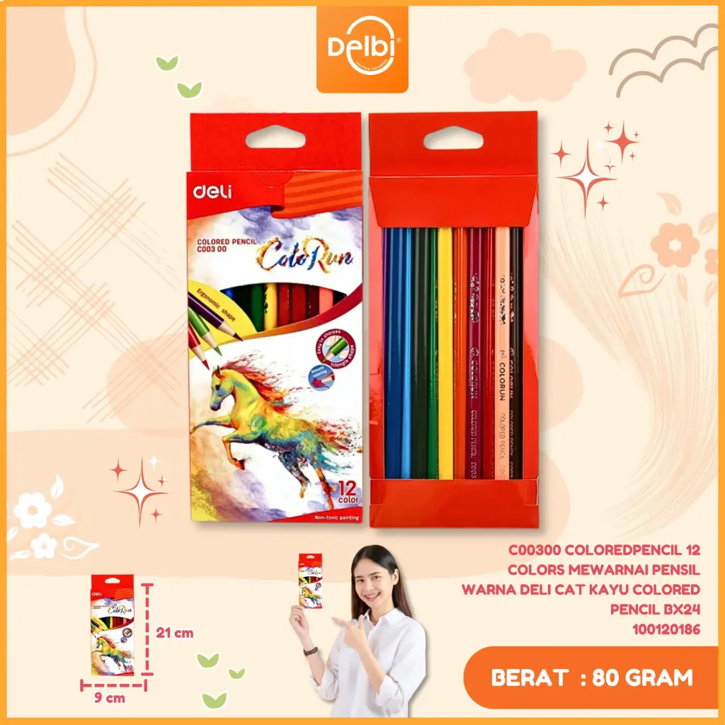 C00300 ColoredPencil 12 Colors MEWARNAI PENSIL WARNA DELI CAT KAYU COLORED PENCIL BX24