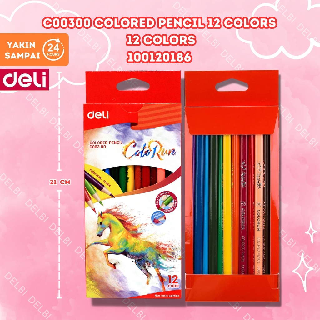 C00300 ColoredPencil 12 Colors MEWARNAI PENSIL WARNA DELI CAT KAYU COLORED PENCIL BX24