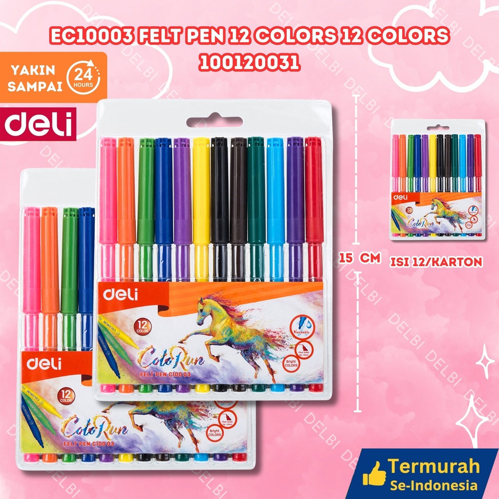 DELI EC10003 Felt Pen 12 COLORS MEWARNAI WARNA WARNI SPIDOL BX12 BX144