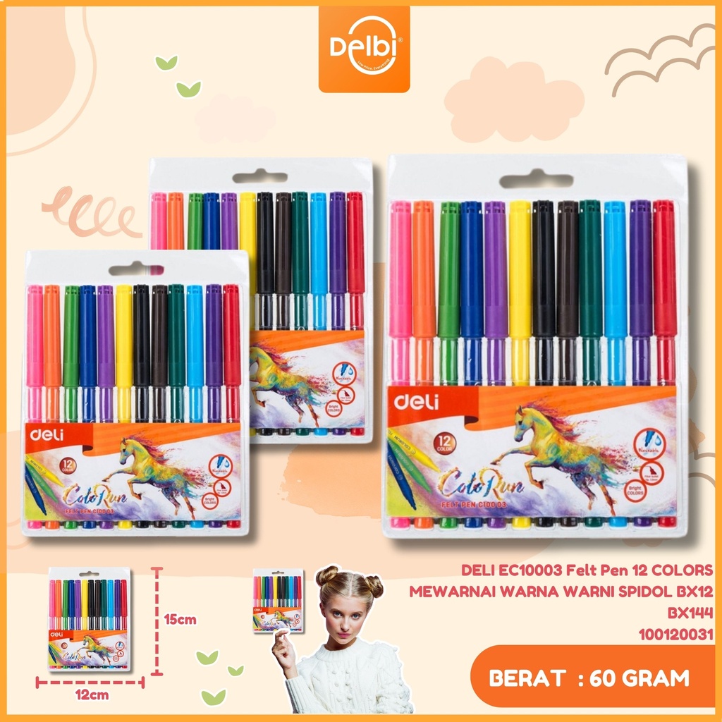 DELI EC10003 Felt Pen 12 COLORS MEWARNAI WARNA WARNI SPIDOL BX12 BX144
