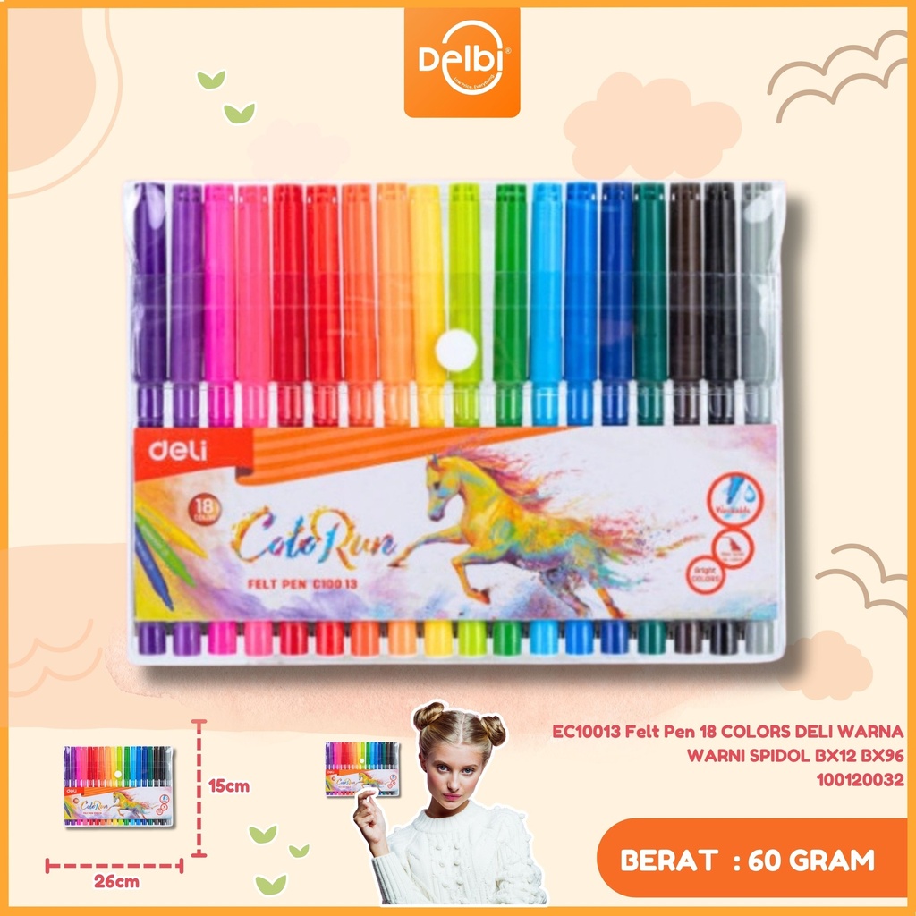 EC10013 Felt Pen 18 COLORS DELI WARNA WARNI SPIDOL BX12 BX96