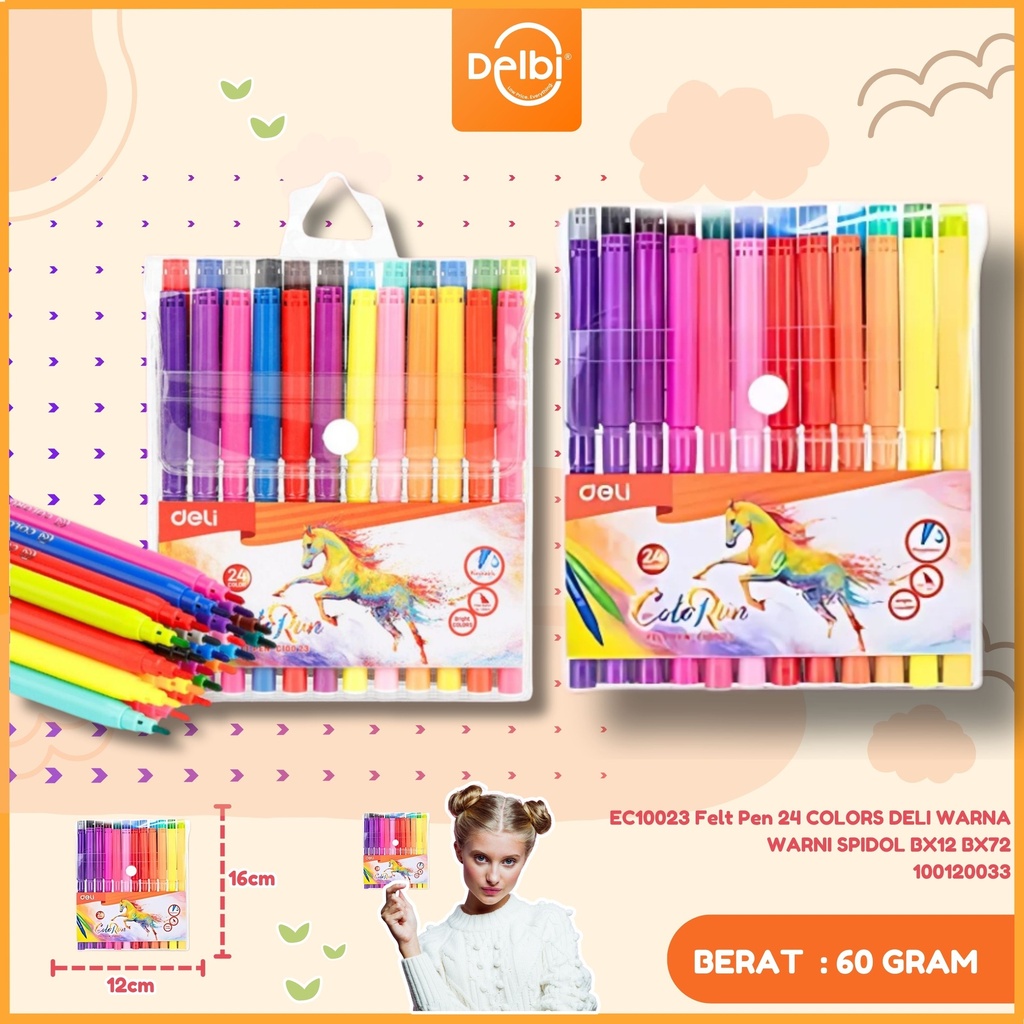EC10023 Felt Pen 24 COLORS DELI WARNA WARNI SPIDOL BX12 BX72
