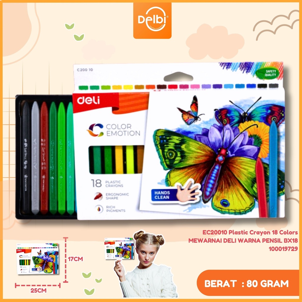 [100019729] EC20010 Plastic Crayon 18 Colors MEWARNAI DELI WARNA PENSIL BX18