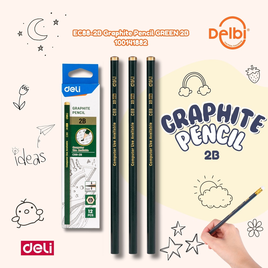 [100141882] EC88-2B Graphite Pencil GREEN 2B DELI PENSIL BX6 BX240 BX1728