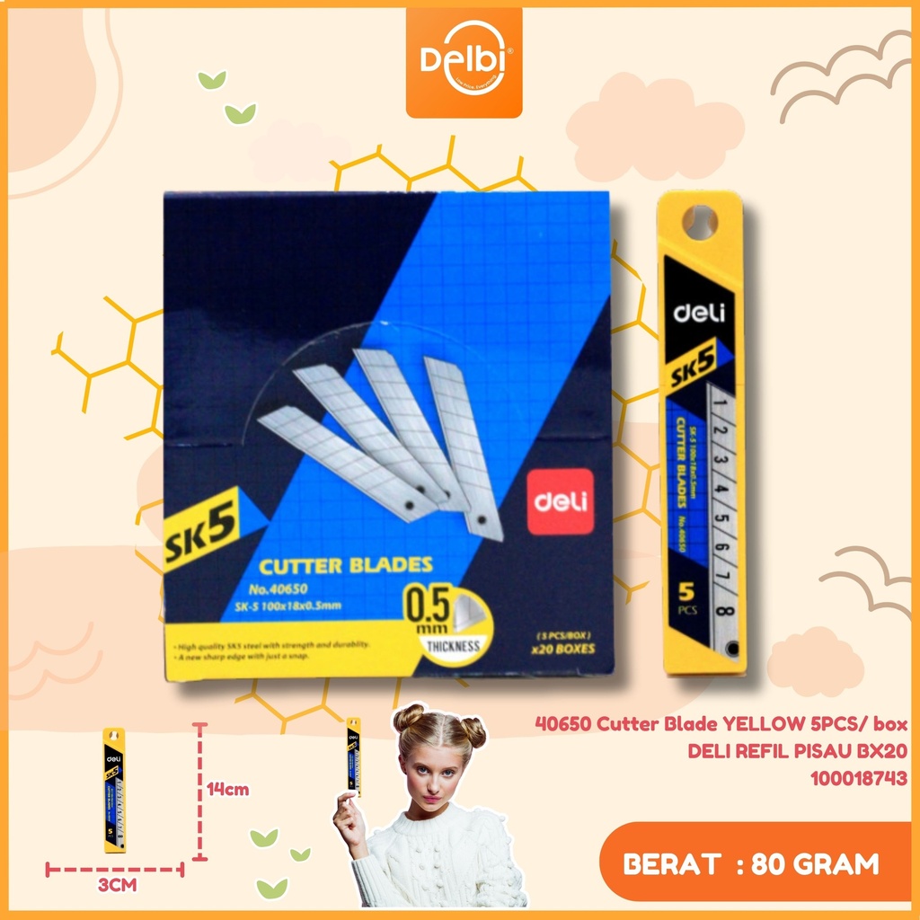 [100018743] 40650 Cutter Blade YELLOW 5PCS/ box DELI REFIL PISAU BX20