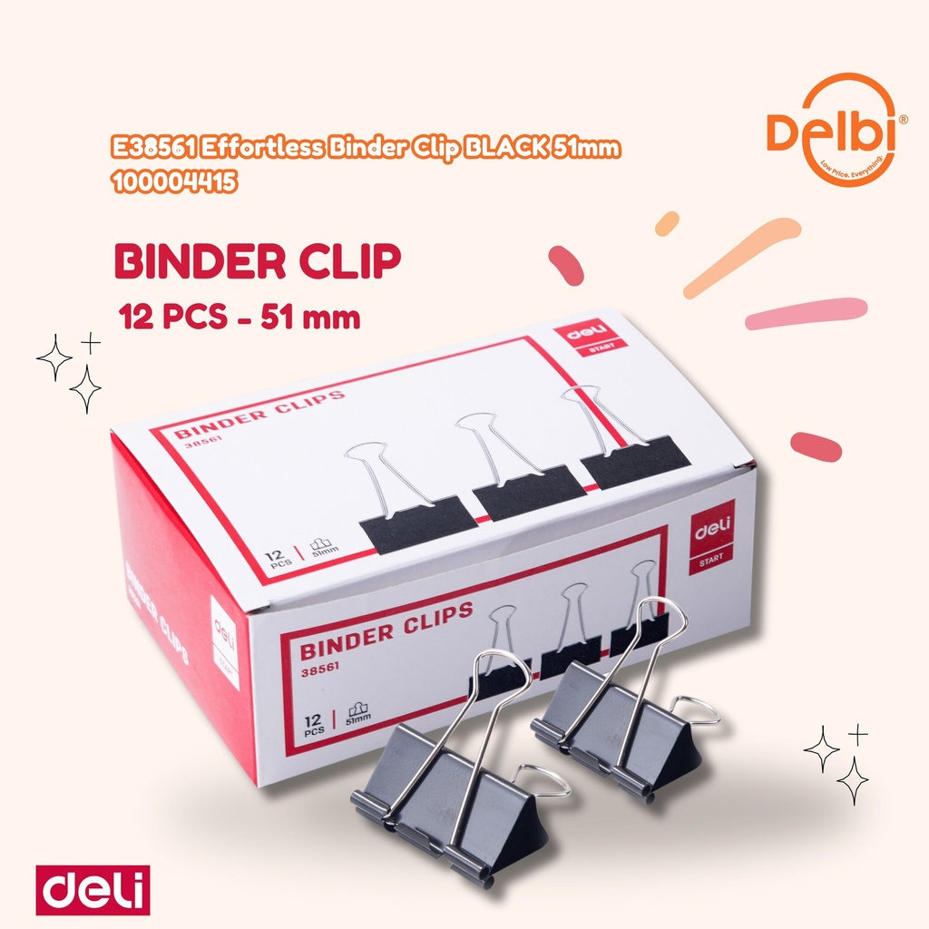 E38561 Effortless Binder Clip No. 260 BLACK 51mm DELI PENJEPIT KERTAS BX12 BX60