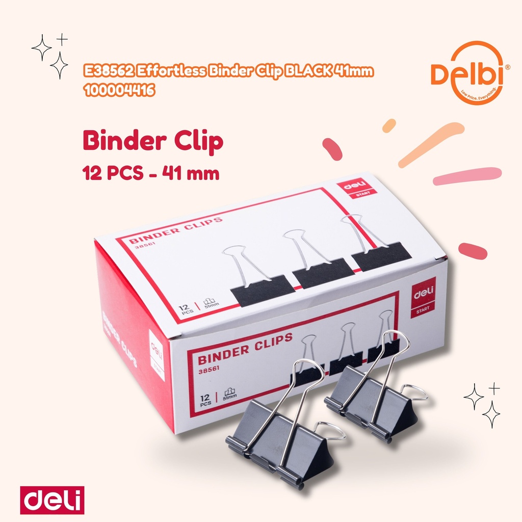E38562 Effortless Binder Clip BLACK No. 200 41mm DELI PENJEPIT KERTAS JEPITAN BX12 BX108