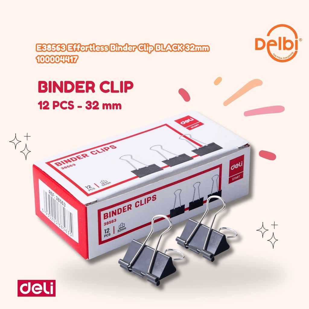 E38563 Effortless Binder Clip BLACK No. 155 32mm DELI KERTAS PENJEPIT KERTAS BX12 BX120