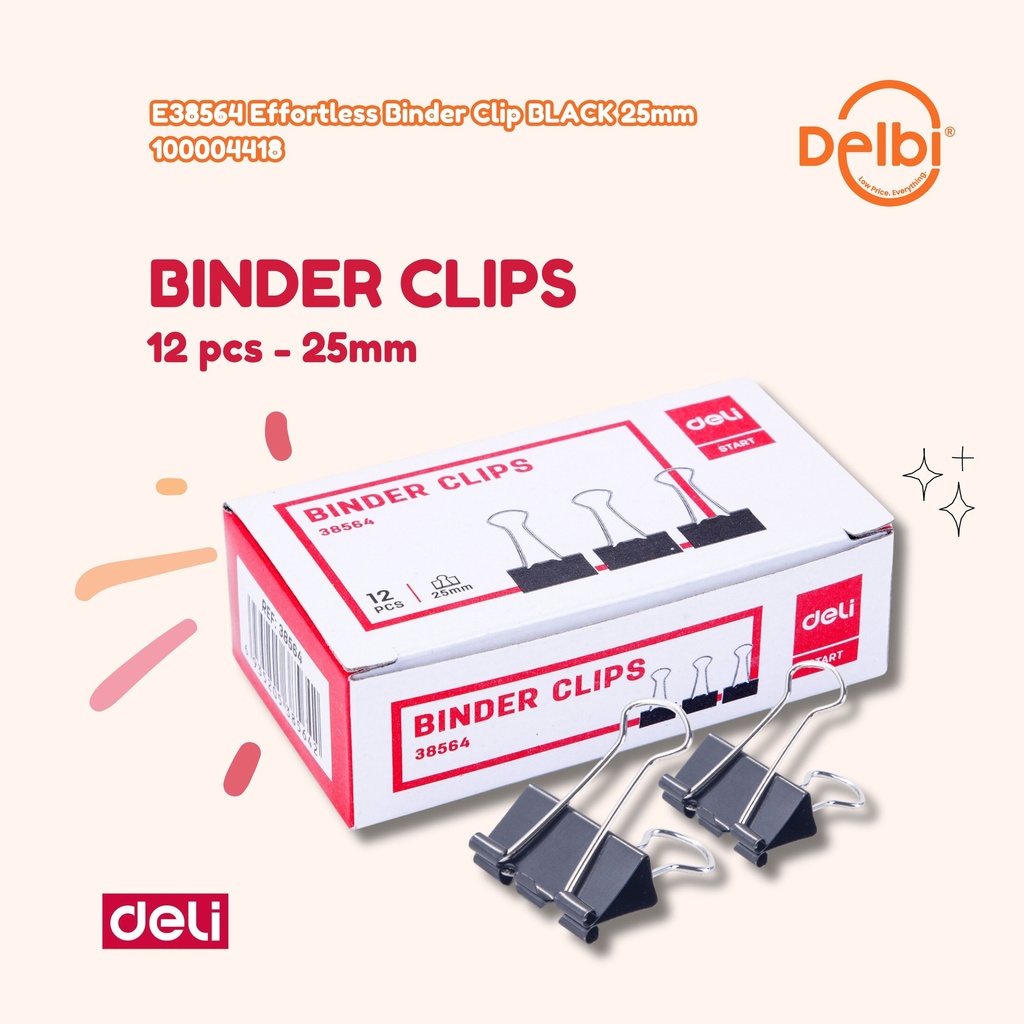 E38564 Effortless Binder Clip BLACK No. 111 25mm DELI PENJEPIT KERTAS BX12 BX240