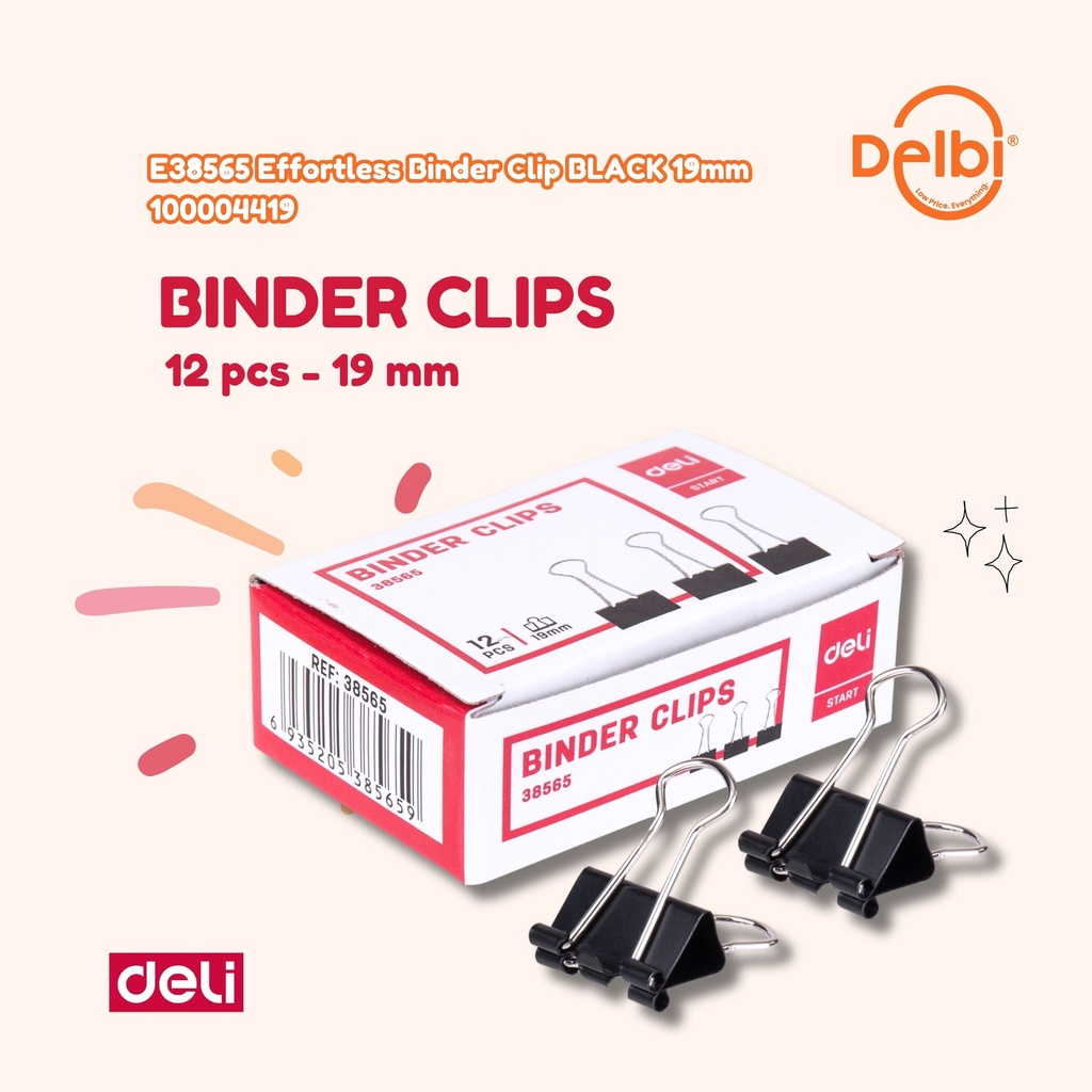 E38565 Effortless Binder Clip BLACK No. 107 19mm DELI PENJEPIT KERTAS BX12 BX300
