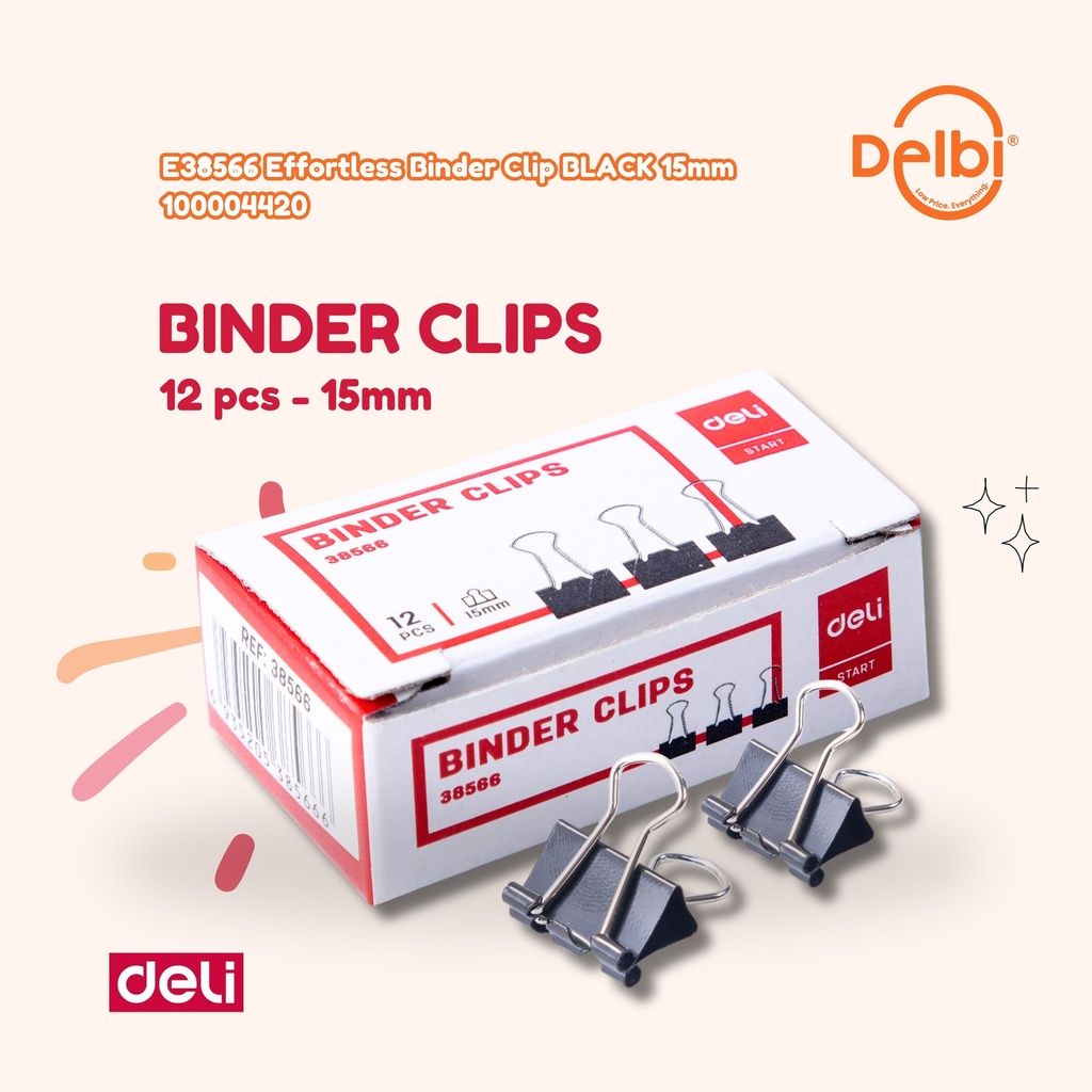 E38566 Effortless Binder Clip BLACK No. 105 15mm DELI PENJEPIT KERTAS BX12 BX360