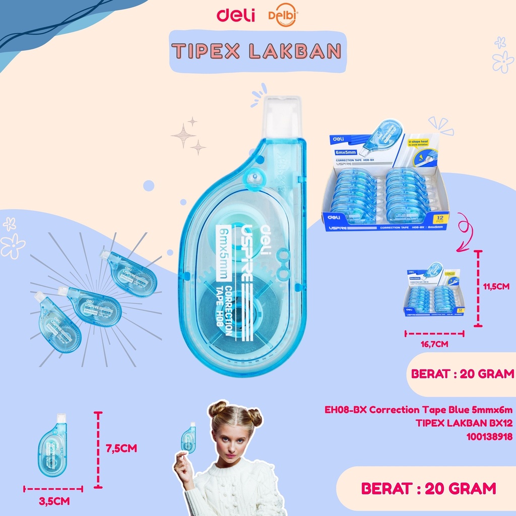 [100138918] EH08-BX Correction Tape Blue 5mmx6m TIPEX LAKBAN BX12