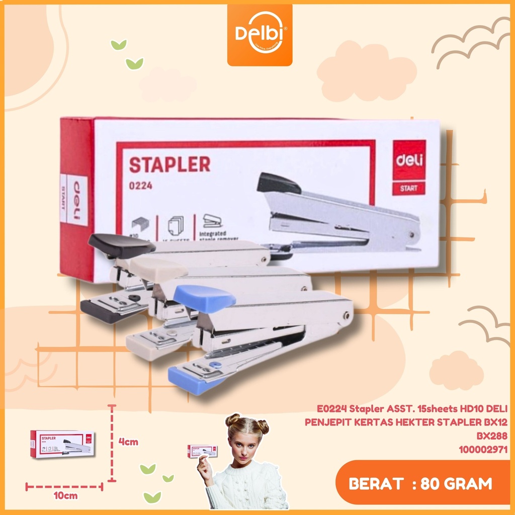 E0224 Stapler ASST. 15sheets HD10 DELI PENJEPIT KERTAS HEKTER STAPLER BX12 BX288