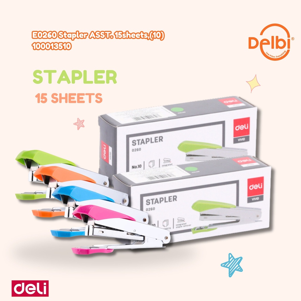 0260 Stapler ASST. 15sheets,(10 DELI HEKTER PEREKAT KERTAS BX12 BX288