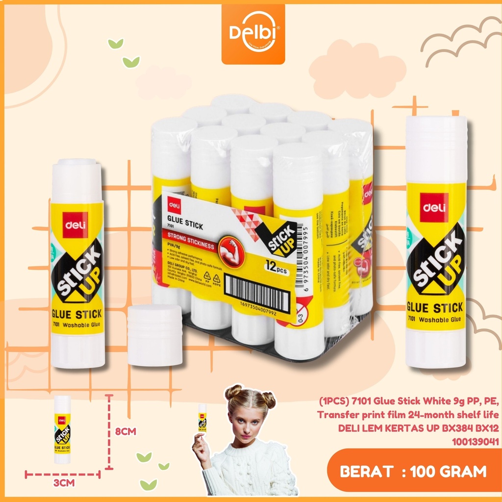 [100139041] (1PCS) 7101 Glue Stick White 9g PP, PE, Transfer print film 24-month shelf life DELI LEM KERTAS UP BX384 BX12
