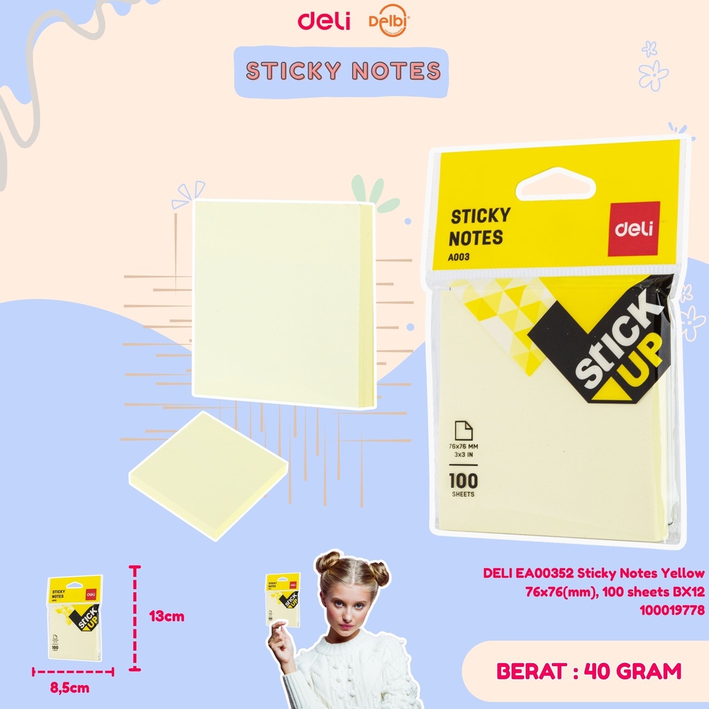 [100019778] DELI EA00352 Sticky Notes Yellow 76x76(mm), 100 sheets BX12