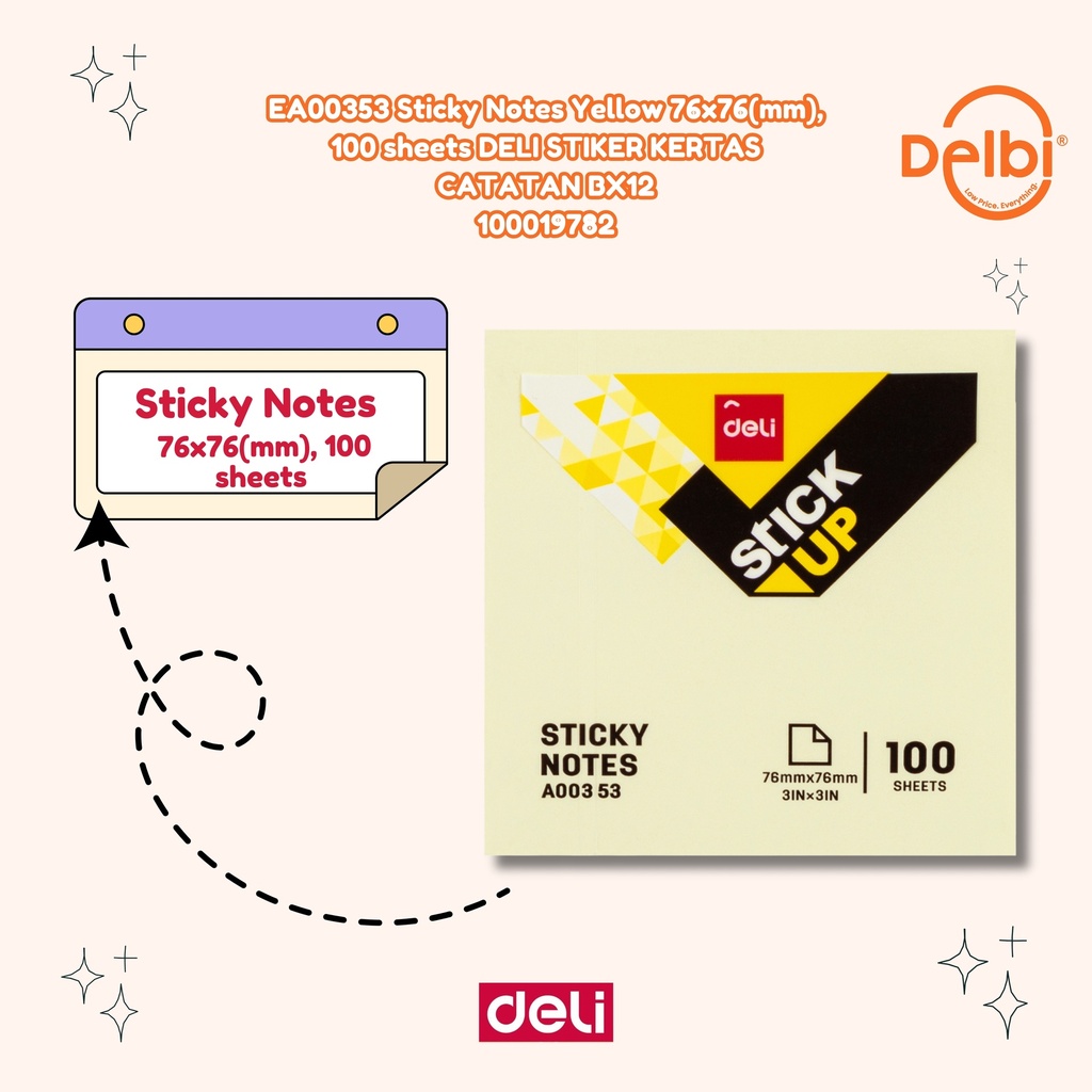 [100019782] EA00353 Sticky Notes Yellow 76x76(mm), 100 sheets DELI STIKER KERTAS CATATAN BX12
