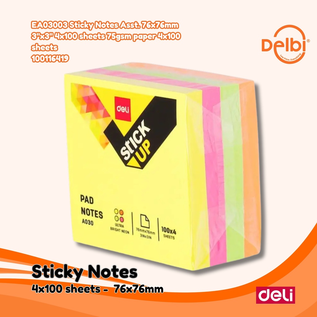 [100116419] DELI EA03003 Sticky Notes Asst. 76x76mm 3''x3'' 4x100 sheets 75gsm paper BX6