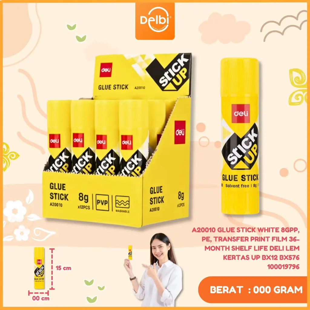 A20010 Glue Stick White 8gPP, PE, Transfer print film 36-month shelf life DELI LEM KERTAS UP BX12 BX576