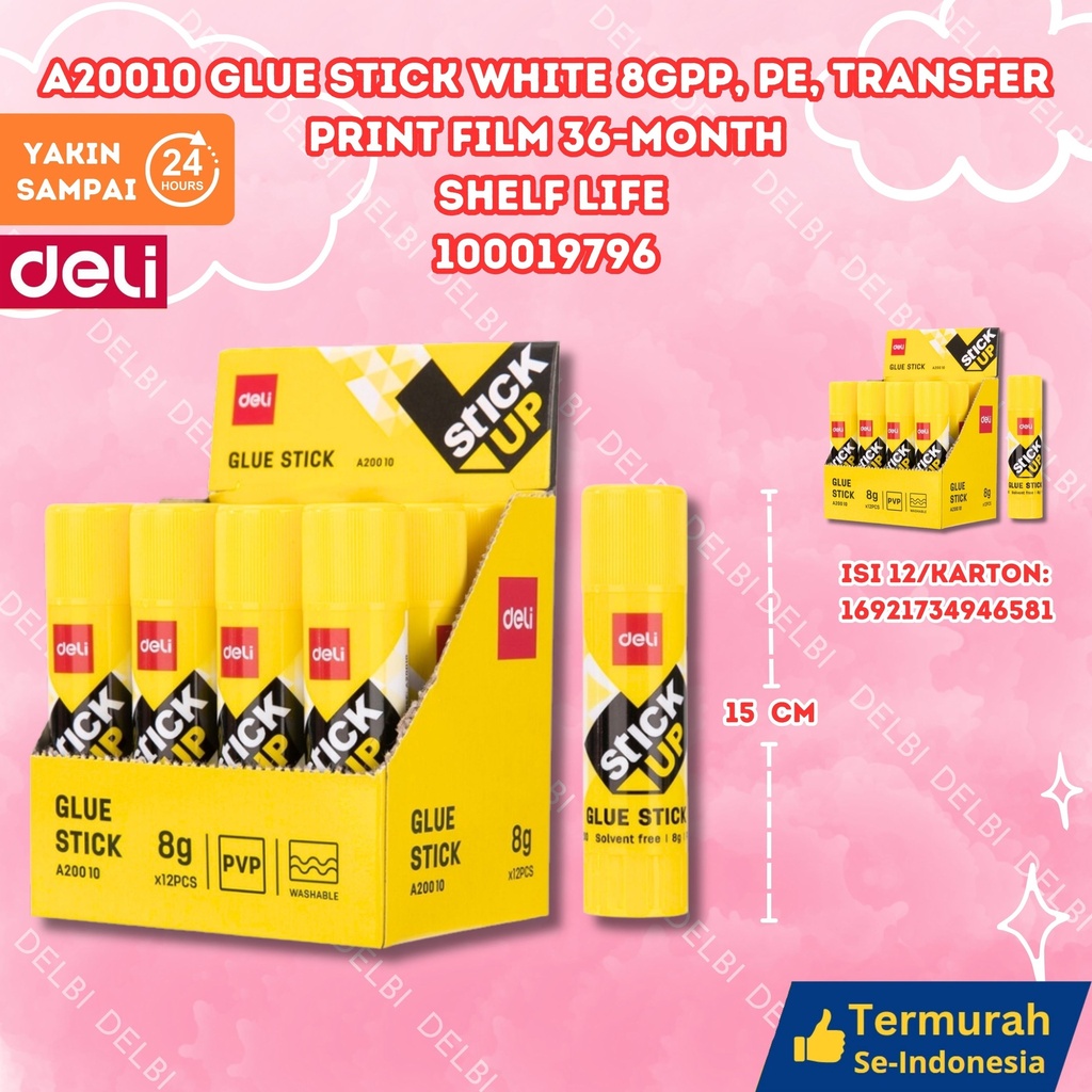 A20010 Glue Stick White 8gPP, PE, Transfer print film 36-month shelf life DELI LEM KERTAS UP BX12 BX576