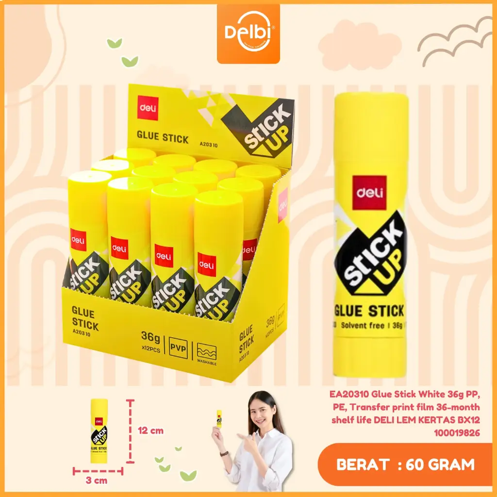 EA20310 Glue Stick White 36g PP, PE, Transfer print film 36-month shelf life DELI LEM KERTAS BX12