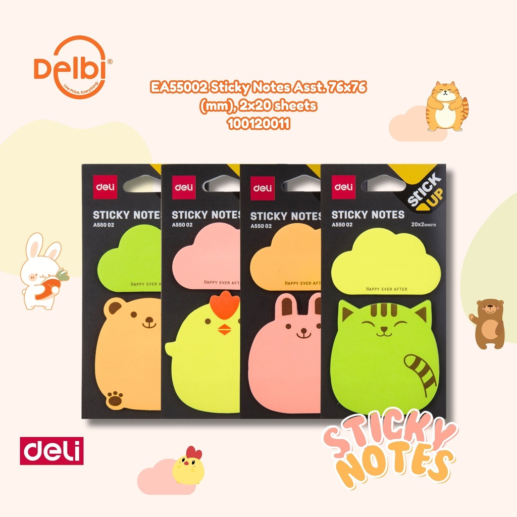 DELI EA55002 Sticky Notes Asst. 76x76(mm), 2x20 sheets BX32