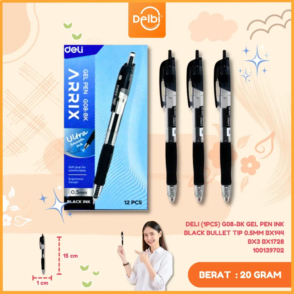 [100139702] DELI (1PCS) G08-BK Gel Pen Ink Black Bullet tip 0.5mm BX144 BX3 BX1728