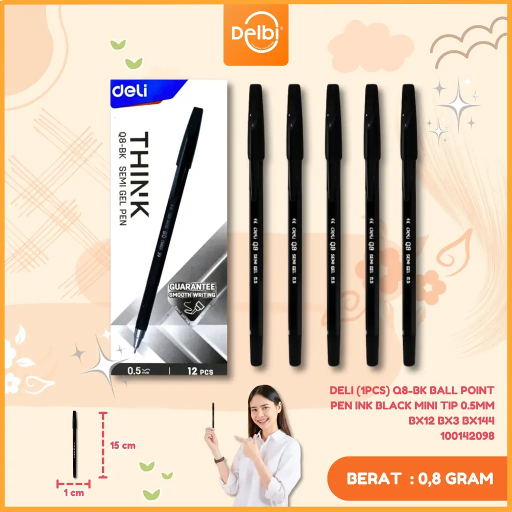 [100142098] DELI (1PCS) Q8-BK Ball Point Pen Ink Black Mini tip 0.5mm BX12 BX3 BX144