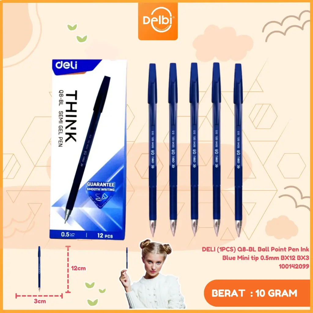 [100142099] DELI (1PCS) Q8-BL Ball Point Pen Ink Blue Mini tip 0.5mm BX12 BX3