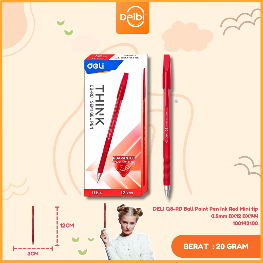 [100142100] DELI Q8-RD Ball Point Pen Ink Red Mini tip 0.5mm BX12 BX144