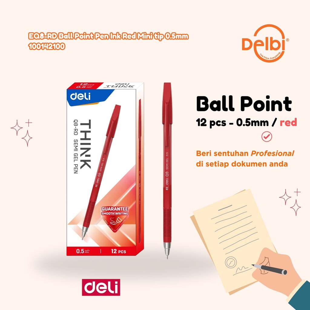 DELI Q8-RD Ball Point Pen Ink Red Mini tip 0.5mm BX12 BX144