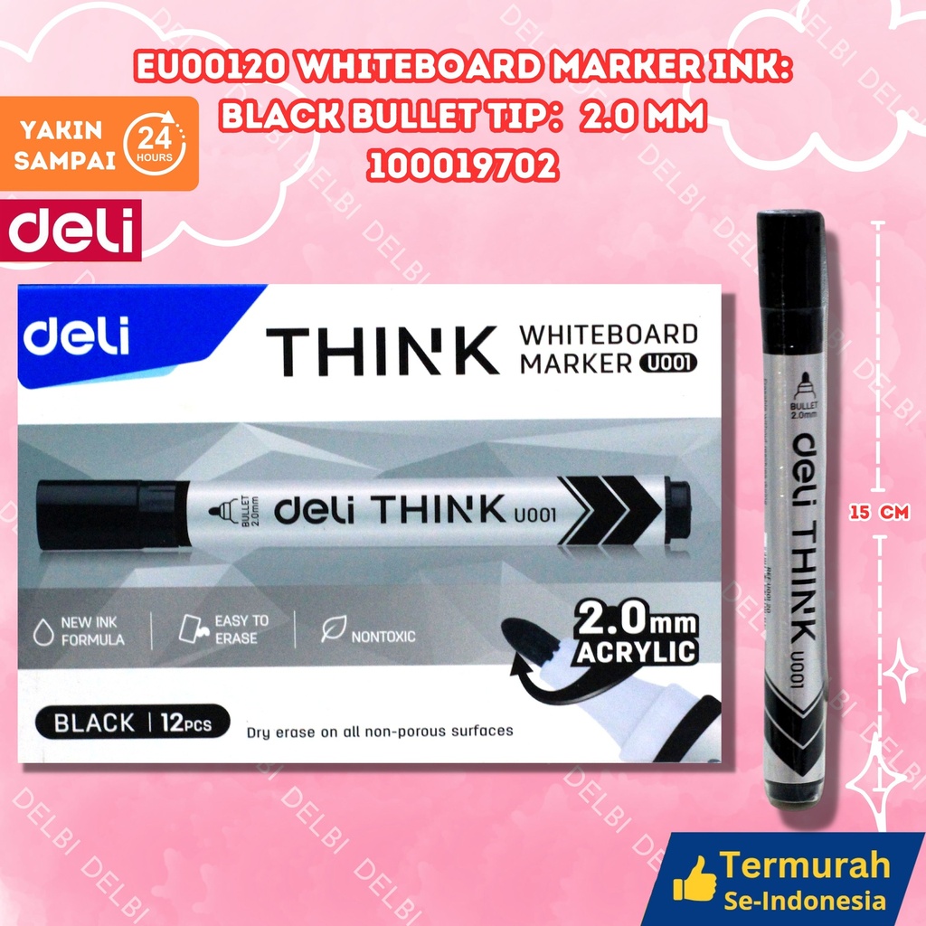 [100019702] U00120 Whiteboard Marker Ink Black Bullet tip 2.0mm TINTA PAPAN TULIS SPIDOL HITAM DELI BX2 BX12 BX96 BX960