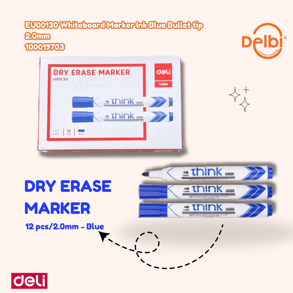DELI EU00130 Whiteboard Marker Ink Blue Bullet tip 2.0mm TINTA SPIDOL BX96