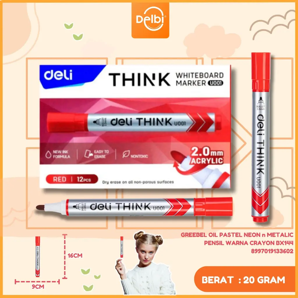 [100019705] DELI U00140 Whiteboard Marker Ink Red Bullet tip 2.0mm TINTA SPIDOL BX2 BX12 BX96 BX960