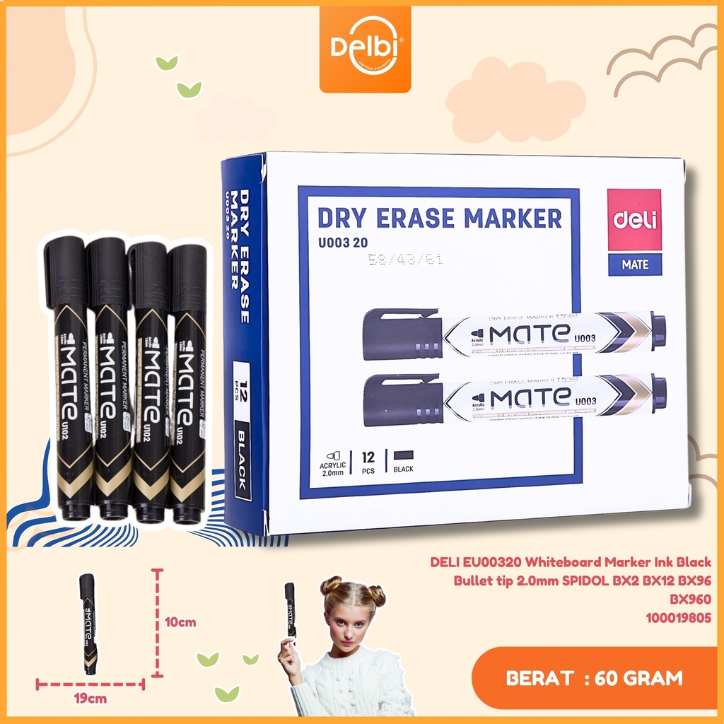 DELI EU00320 Whiteboard Marker Ink Black Bullet tip 2.0mm SPIDOL BX2 BX12 BX96 BX960
