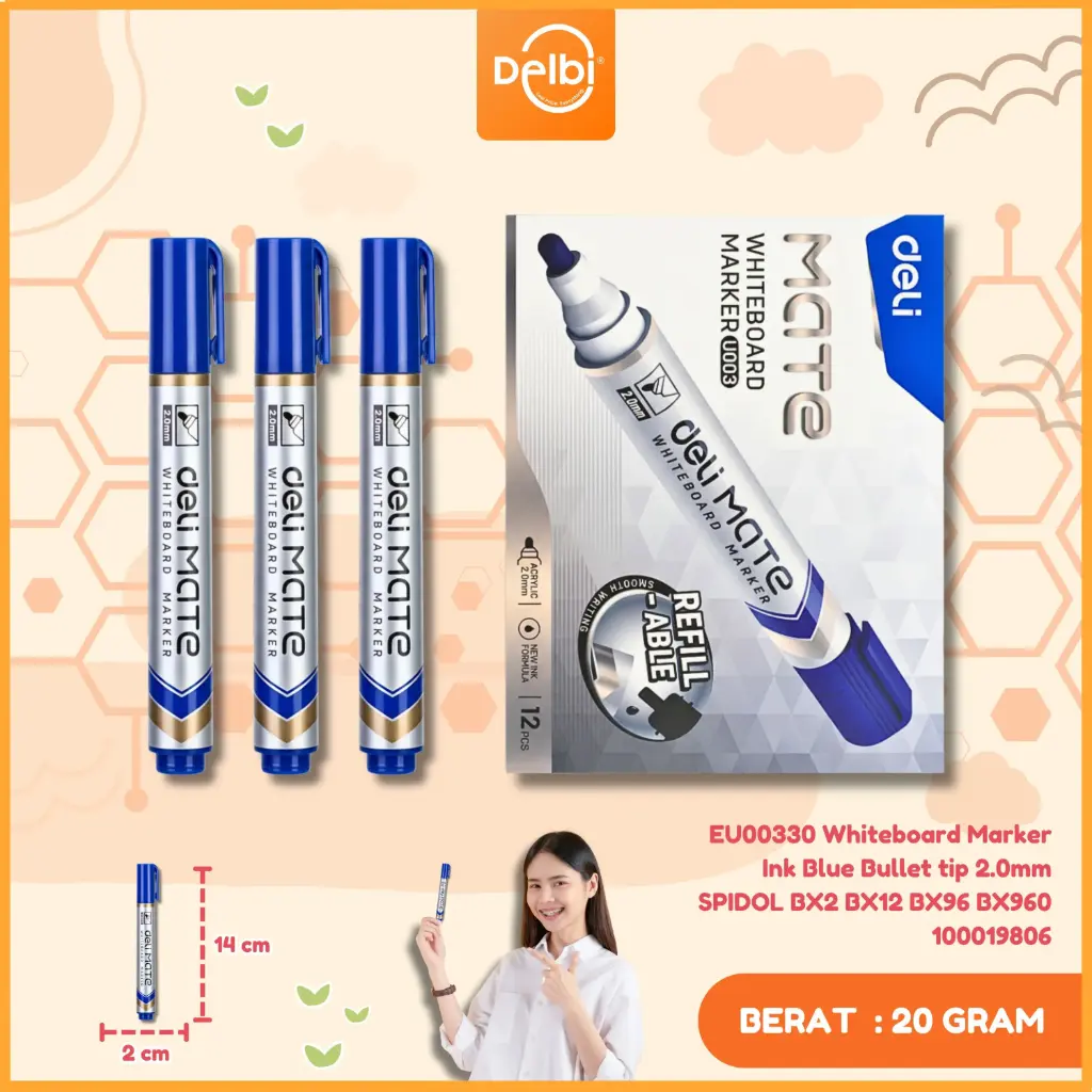 EU00330 Whiteboard Marker Ink Blue Bullet tip 2.0mm SPIDOL BX2 BX12 BX96 BX960