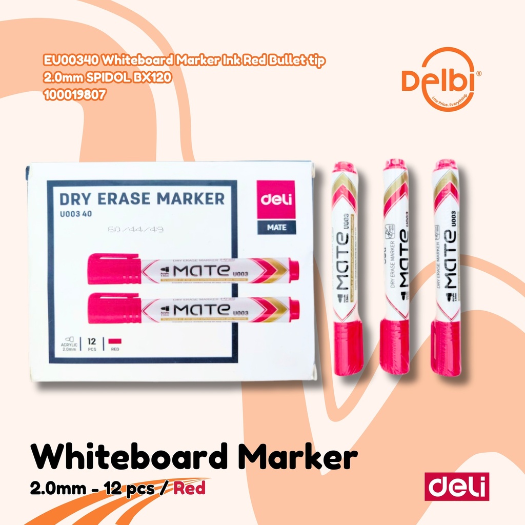 DELI EU00340 Whiteboard Marker Ink Red Bullet tip 2.0mm SPIDOL BX2 BX12 BX96 BX960