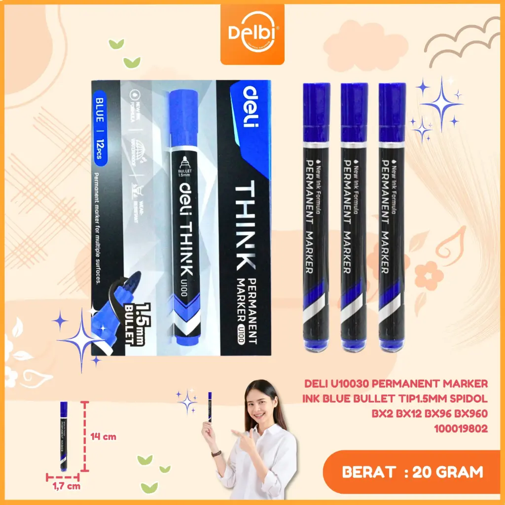 [100019802] DELI U10030 Permanent Marker Ink Blue Bullet tip1.5mm SPIDOL BX2 BX12 BX96 BX960
