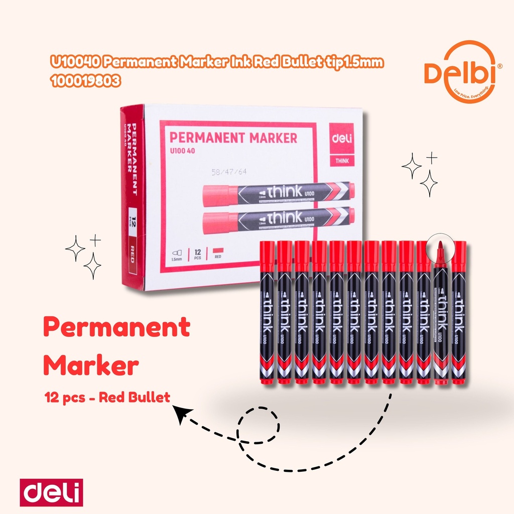 [100019803] DELI U10040 Permanent Marker Ink Red Bullet tip1.5mm SPIDOL BX2 BX12 BX96 BX960