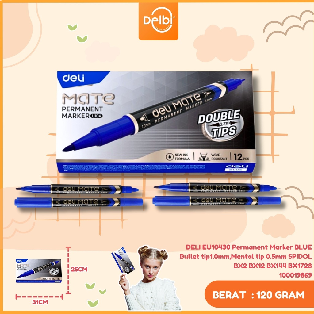 DELI EU10430 Permanent Marker BLUE Bullet tip1.0mm,Mental tip 0.5mm SPIDOL BX2 BX12 BX144 BX1728